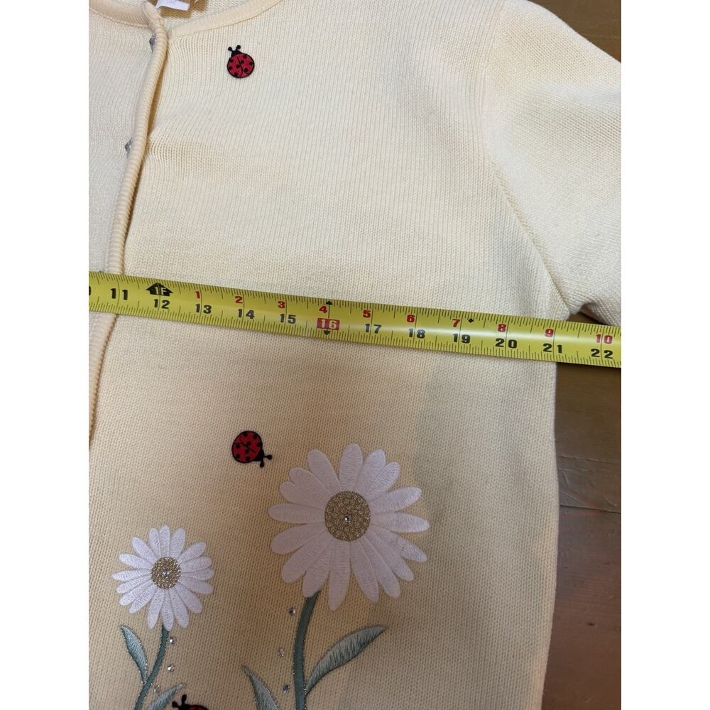 Vintage Tia Designs Cardigan L Yellow Daisy Ladybug Embroidered Cotton USA - Picture 11 of 13